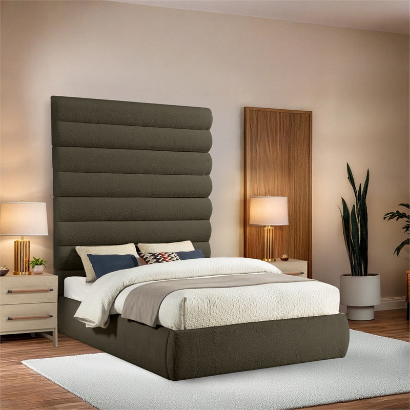 Meridian Furniture Adam Olive Boucle Fabric Queen Bed