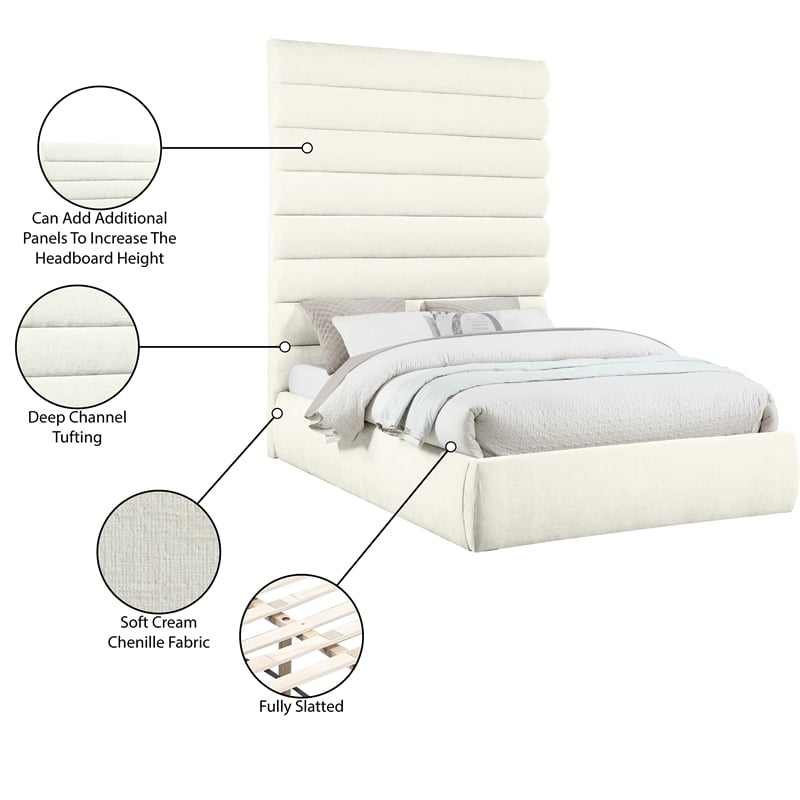 Meridian Furniture Adam Cream Chenille Fabric Queen Bed