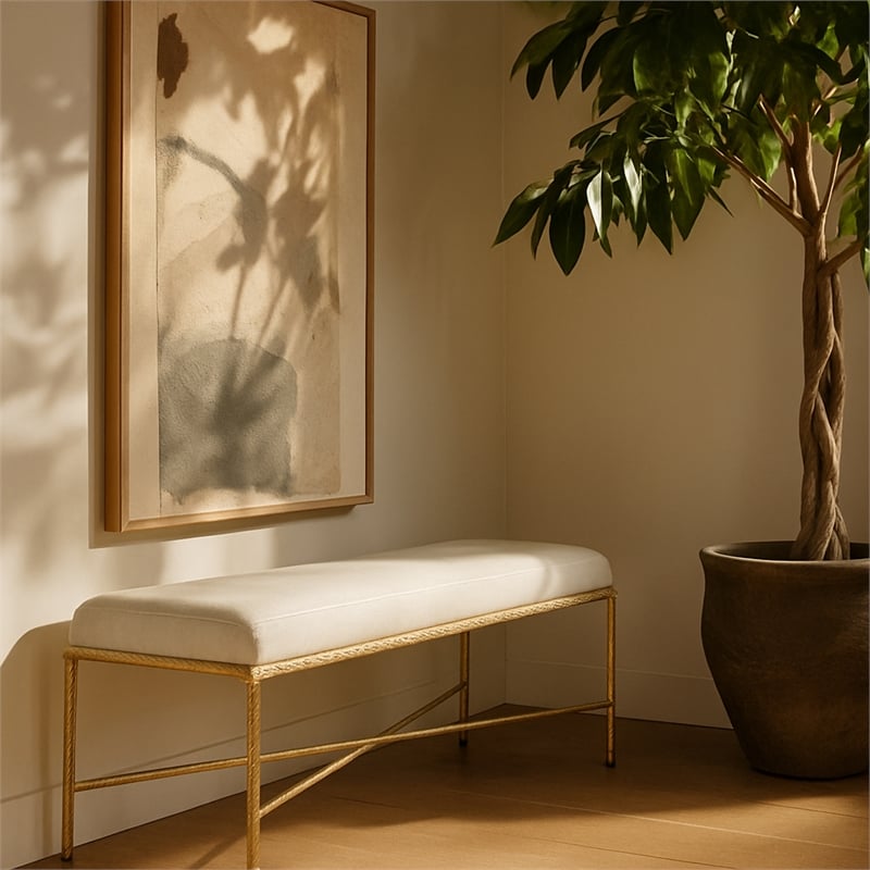 Meridian Furniture Valley Cream Chenille Fabric Bench