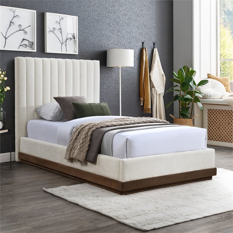 Meridian Furniture Emmet Cream Chenille Fabric Twin Bed