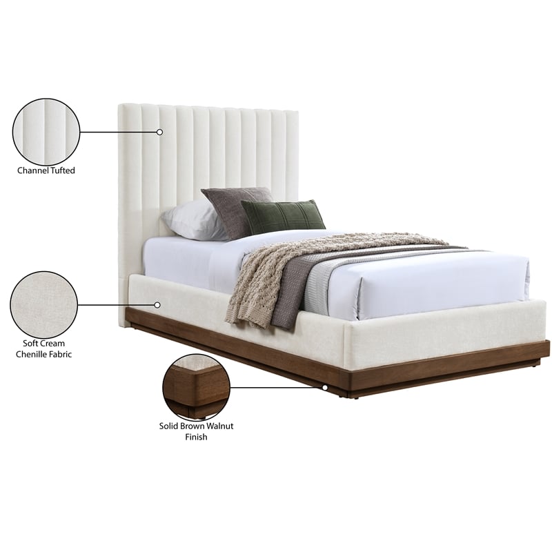 Meridian Furniture Emmet Cream Chenille Fabric Twin Bed