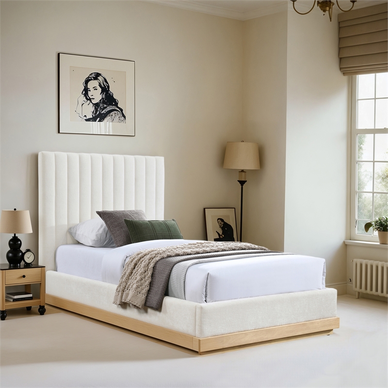 Meridian Furniture Emmet Cream Chenille Fabric Twin Bed