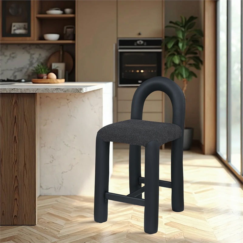Meridian Furniture Amari Black Boucle Fabric and Vegan Leather Stool