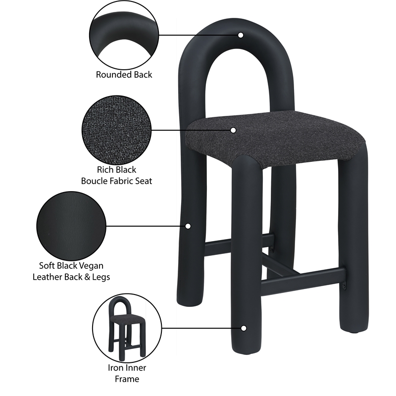 Meridian Furniture Amari Black Boucle Fabric and Vegan Leather Stool