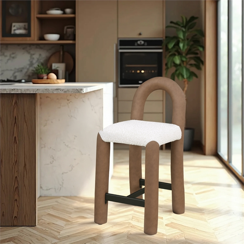 Meridian Furniture Amari Brown Boucle Fabric and Cream Vegan Leather Stool