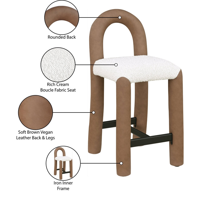 Meridian Furniture Amari Brown Boucle Fabric and Cream Vegan Leather Stool