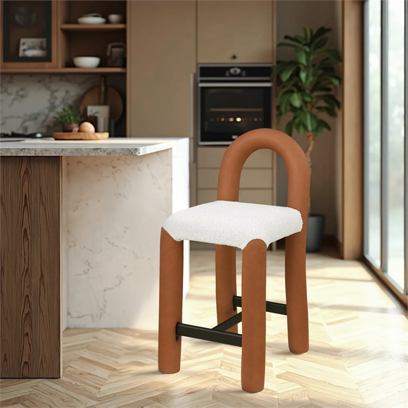 Meridian Furniture Amari Cognac Boucle Fabric and Cream Vegan Leather Stool