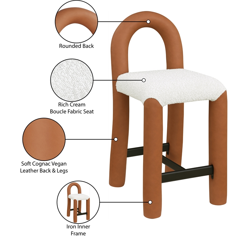Meridian Furniture Amari Cognac Boucle Fabric and Cream Vegan Leather Stool