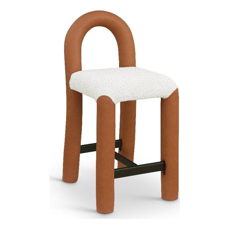 Meridian Furniture Amari Cognac Boucle Fabric and Cream Vegan Leather Stool
