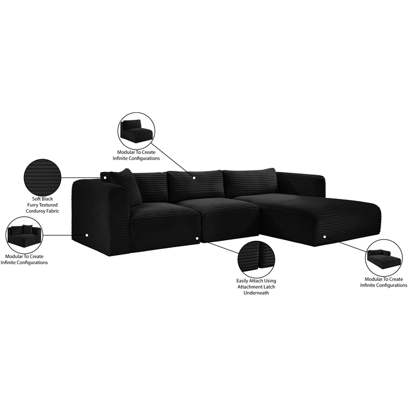 Meridian Furniture 3-Piece Black Corduroy Performance Fabric Modular Sectional