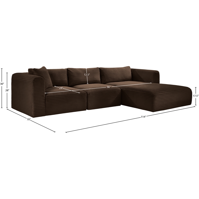 Meridian Furniture 3-Piece Brown Corduroy Performance Fabric Modular Sectional