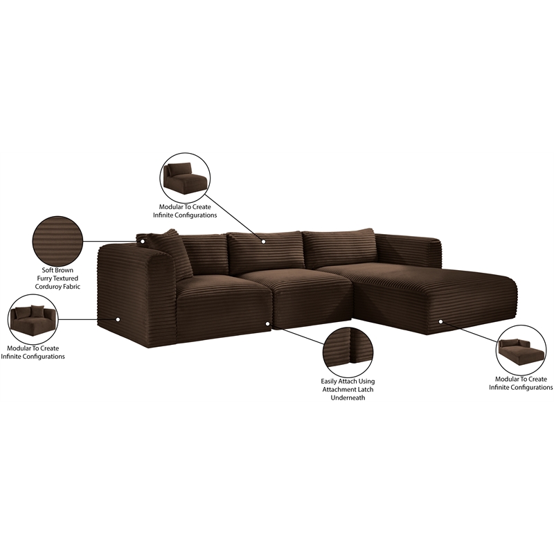 Meridian Furniture 3-Piece Brown Corduroy Performance Fabric Modular Sectional