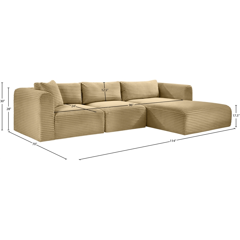 Meridian Furniture 3-Piece Camel Corduroy Performance Fabric Modular Sectional