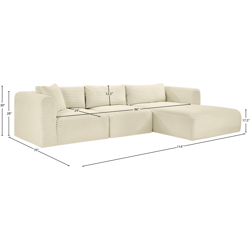 Meridian Furniture 3-Piece Cream Corduroy Performance Fabric Modular Sectional