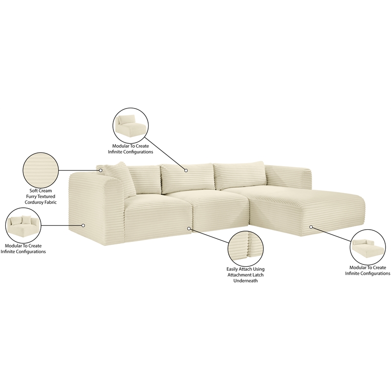 Meridian Furniture 3-Piece Cream Corduroy Performance Fabric Modular Sectional