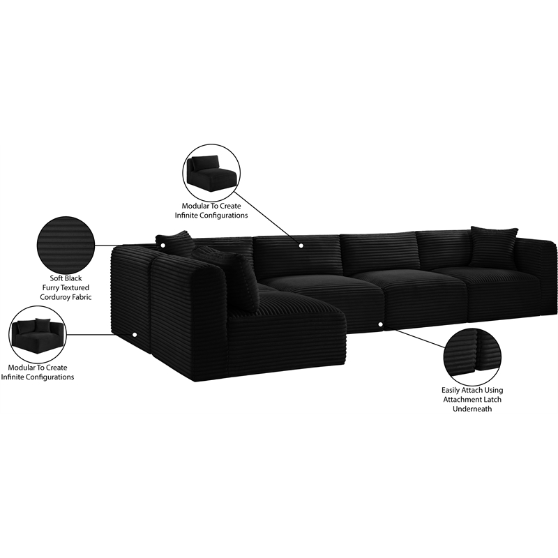 Meridian Furniture 5-Piece Black Corduroy Performance Fabric Modular Sectional