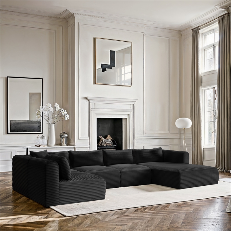 Meridian Furniture 5-Piece Black Corduroy Performance Fabric Modular Sectional