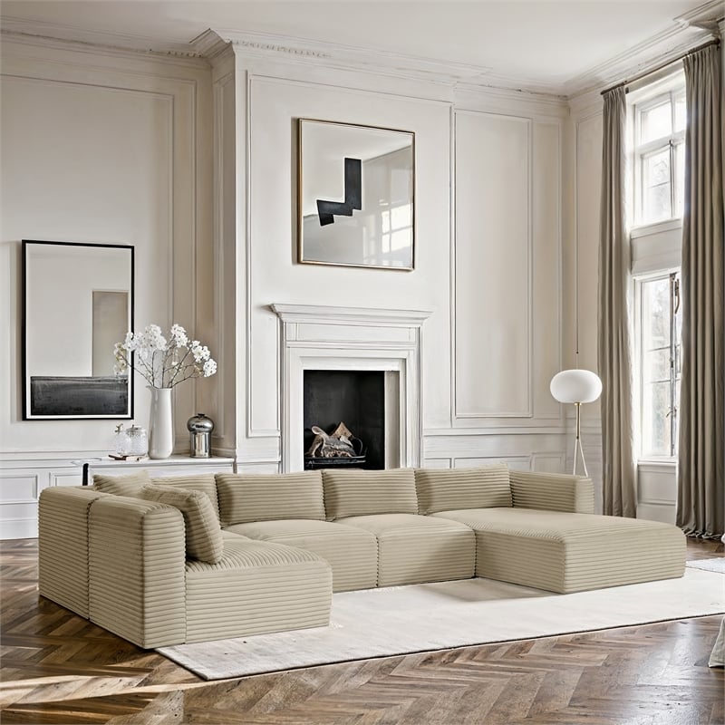 Meridian Furniture 5-Piece Cream Corduroy Performance Fabric Modular Sectional