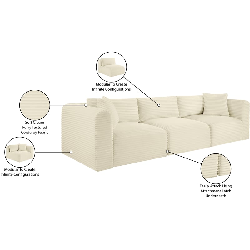 Meridian Furniture 3-Piece Cream Corduroy Performance Fabric Modular Sofa