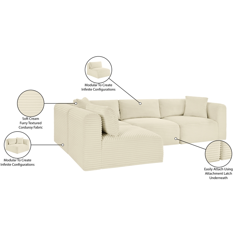 Meridian Furniture 4-Piece Cream Corduroy Performance Fabric Modular Sectional
