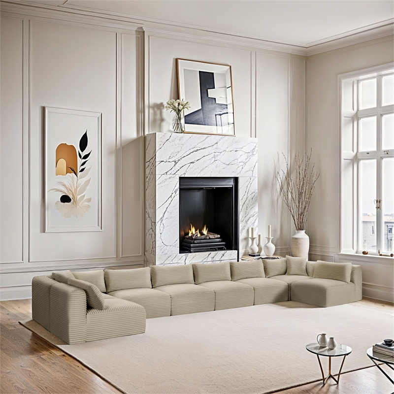 Meridian Furniture 8-Piece Cream Corduroy Performance Fabric Modular Sectional