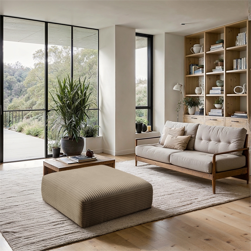 Meridian Furniture Shaggy Taupe Corduroy Performance Fabric Ottoman