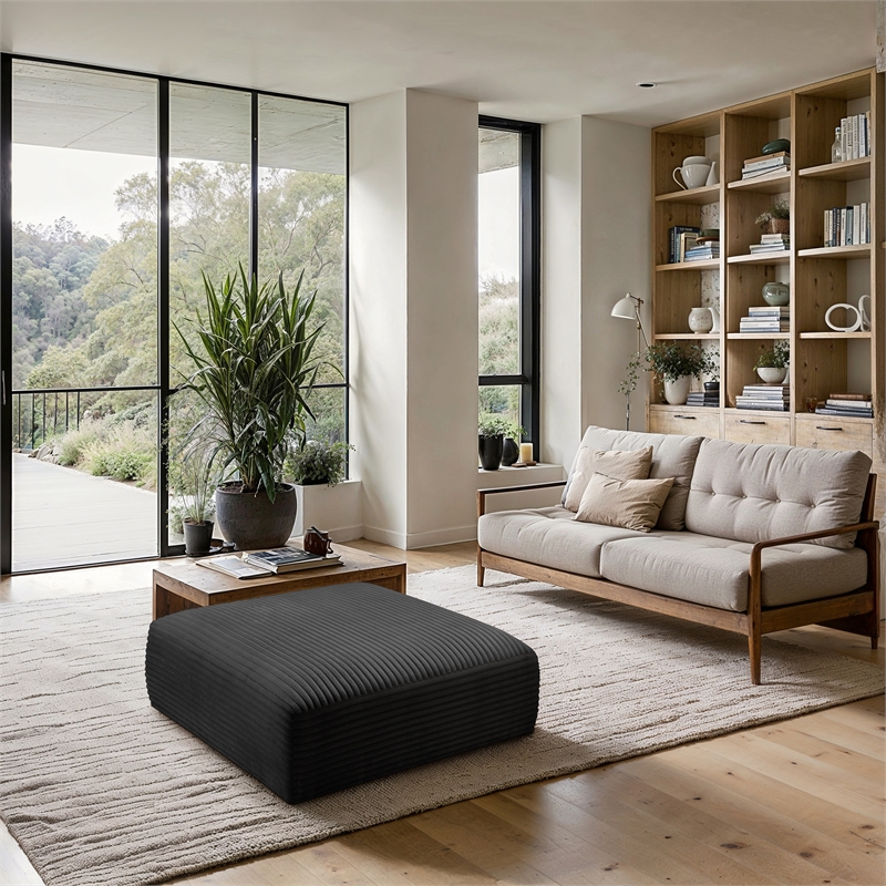 Meridian Furniture Shaggy Black Corduroy Performance Fabric Ottoman