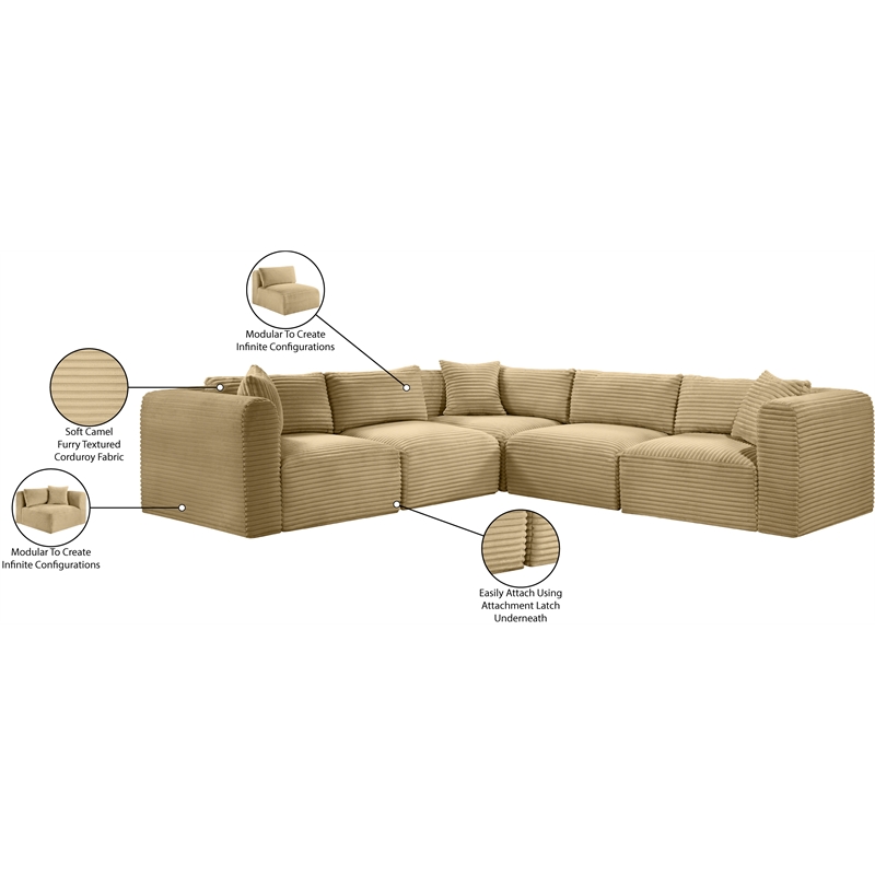 Meridian Furniture 5-Piece Camel Corduroy Performance Fabric Modular Sectional