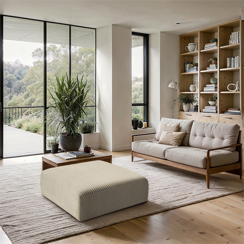 Meridian Furniture Shaggy Cream Corduroy Performance Fabric Ottoman