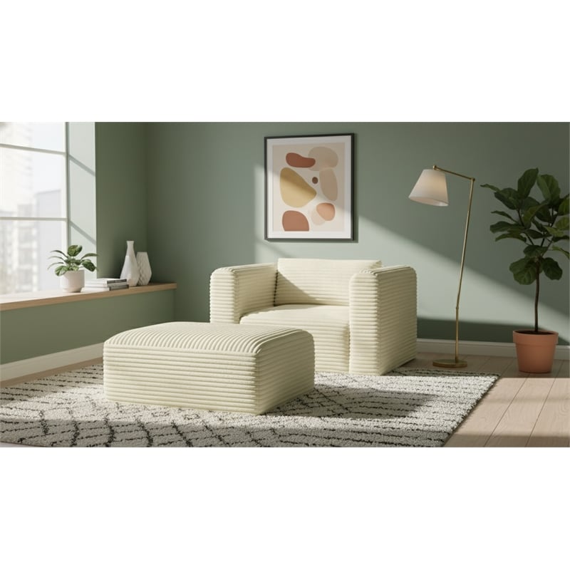 Meridian Furniture Shaggy Cream Corduroy Performance Fabric Ottoman