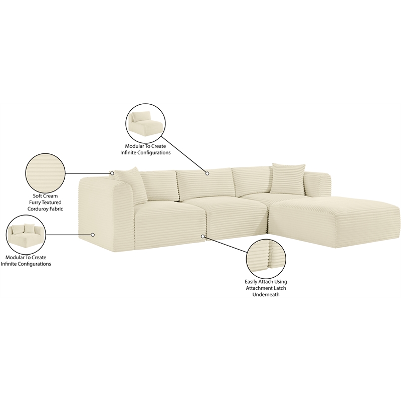 Meridian Furniture 4-Piece Cream Corduroy Performance Fabric Modular Sectional