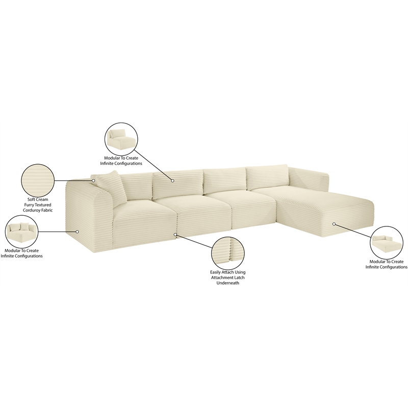 Meridian Furniture 4-Piece Cream Corduroy Performance Fabric Modular Sectional