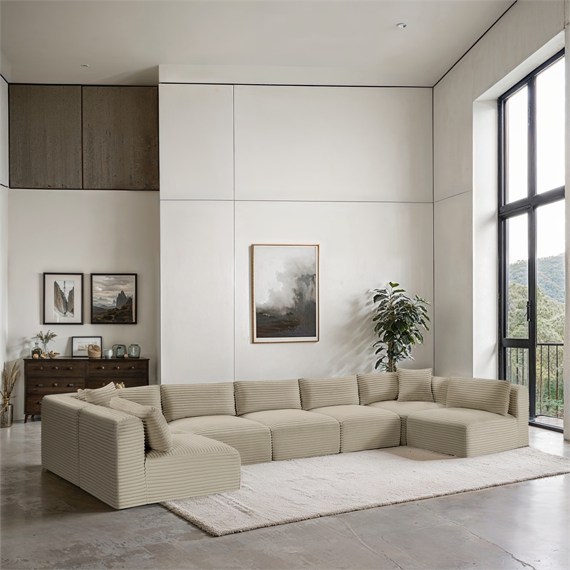 meridian furniture 7-piece cream corduroy performance fabric modular sectional