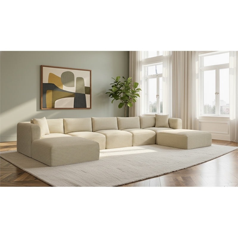 Meridian Furniture 7-Piece Cream Corduroy Performance Fabric Modular Sectional