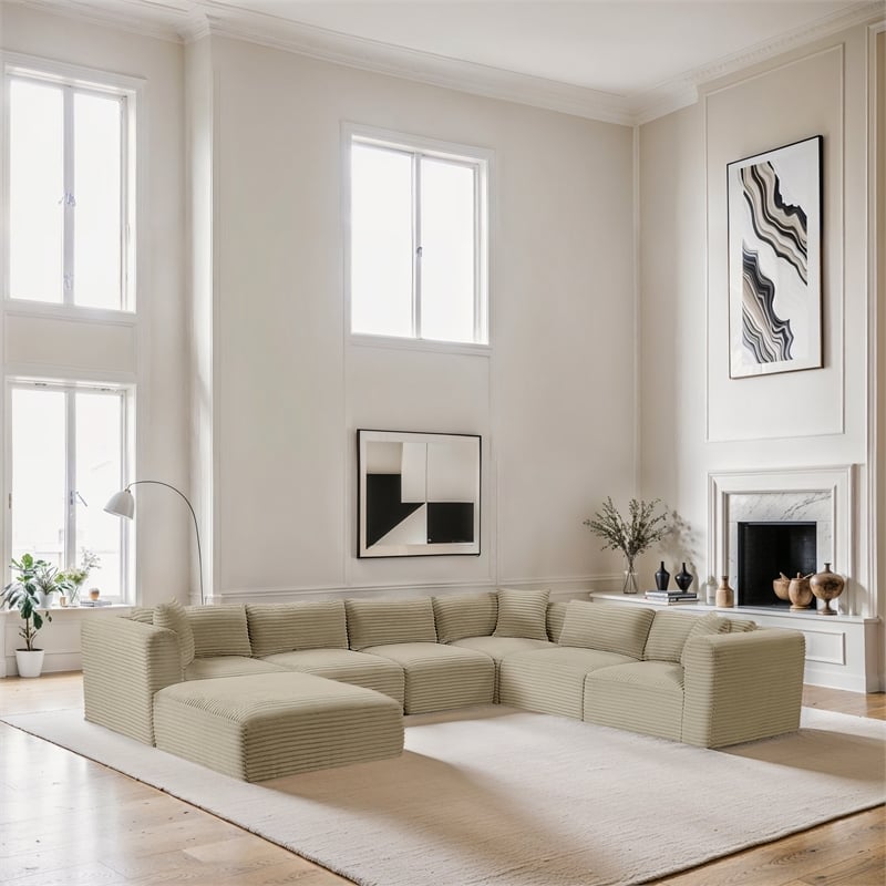 Meridian Furniture 7-Piece Cream Corduroy Performance Fabric Modular Sectional