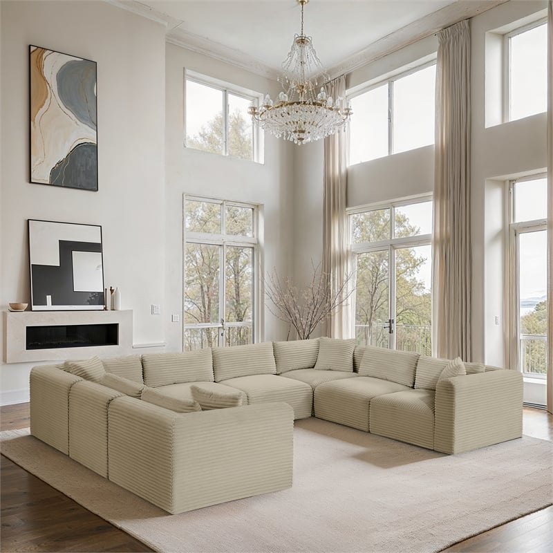 Meridian Furniture 8-Piece Cream Corduroy Performance Fabric Modular Sectional