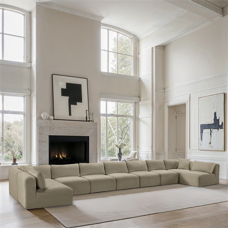 Meridian Furniture 9-Piece Cream Corduroy Performance Fabric Modular Sectional