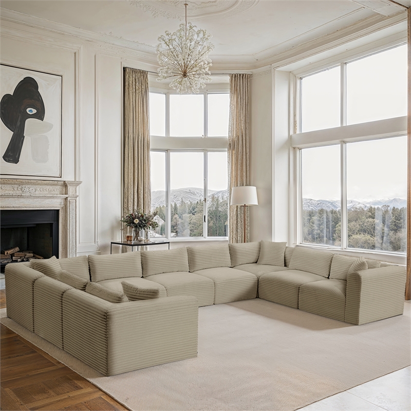 Meridian Furniture 9-Piece Cream Corduroy Performance Fabric Modular Sectional