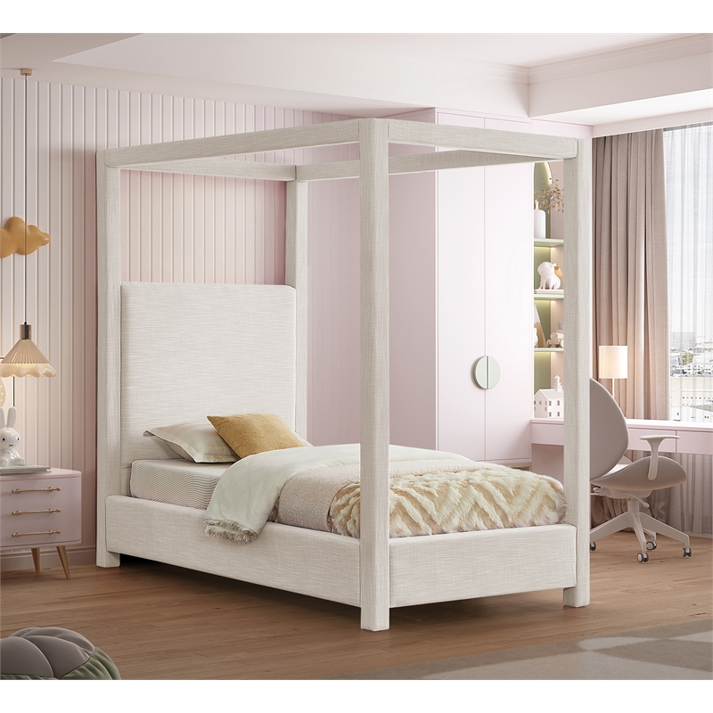 Meridian Furniture Emerson Cream Linen Textured Fabric Twin Bed