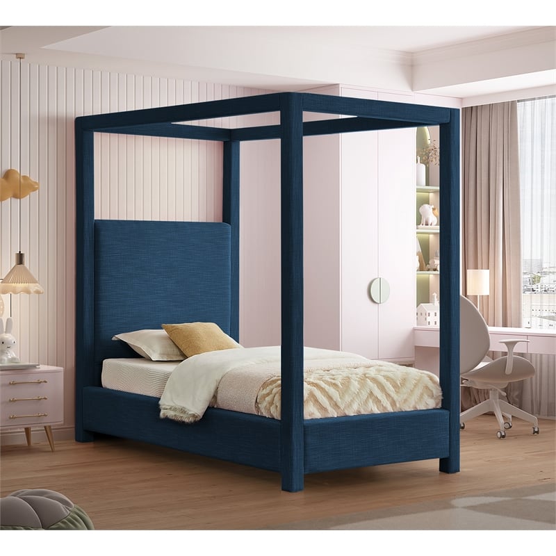 Meridian Furniture Emerson Navy Linen Textured Fabric Twin Bed