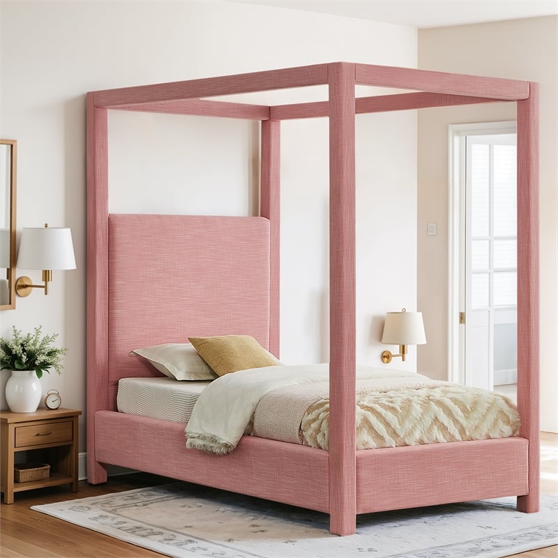 Meridian Furniture Emerson Pink Linen Textured Fabric Twin Bed