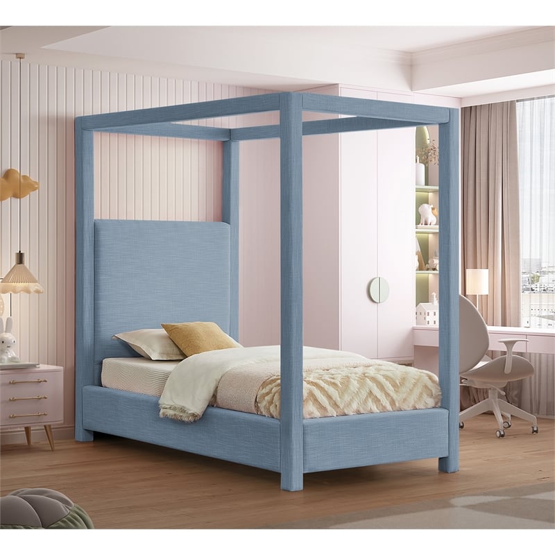 Meridian Furniture Emerson Sky Blue Linen Textured Fabric Twin Bed