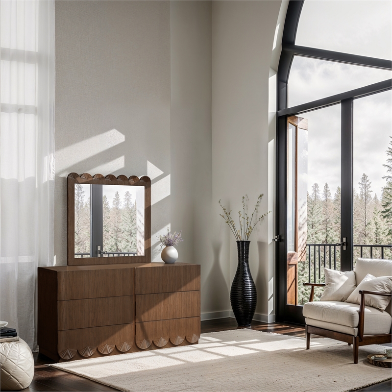 Meridian Furniture Scallop Brown Oak Veneer Mirror