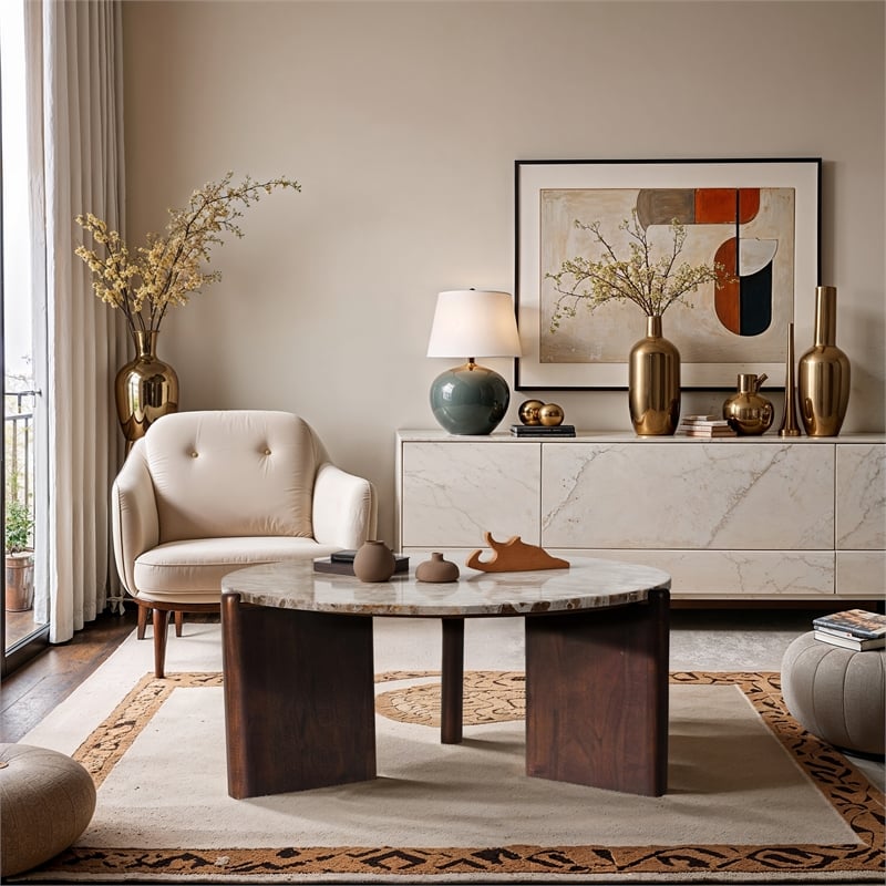 Meridian Furniture Varenna Cream Marble Top And Acacia Wood Base Coffee Table