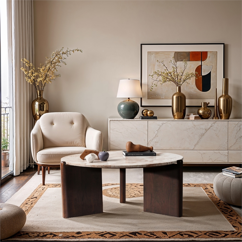 Meridian Furniture Varenna Beige Marble Top And Acacia Wood Base Coffee Table