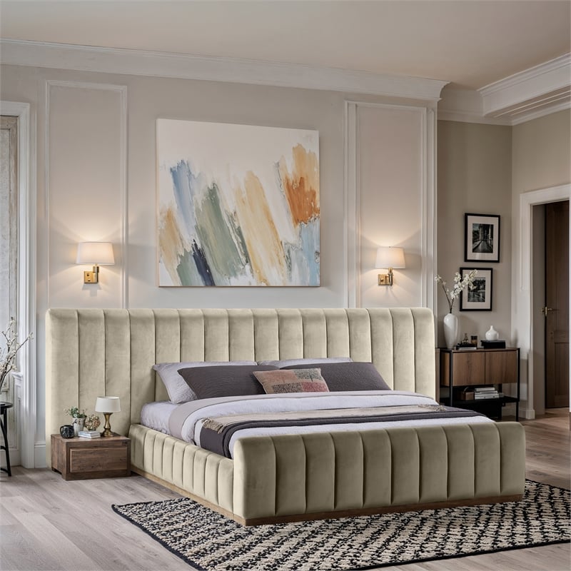 Meridian Furniture Amara Cream Velvet King Bed with Added Panels