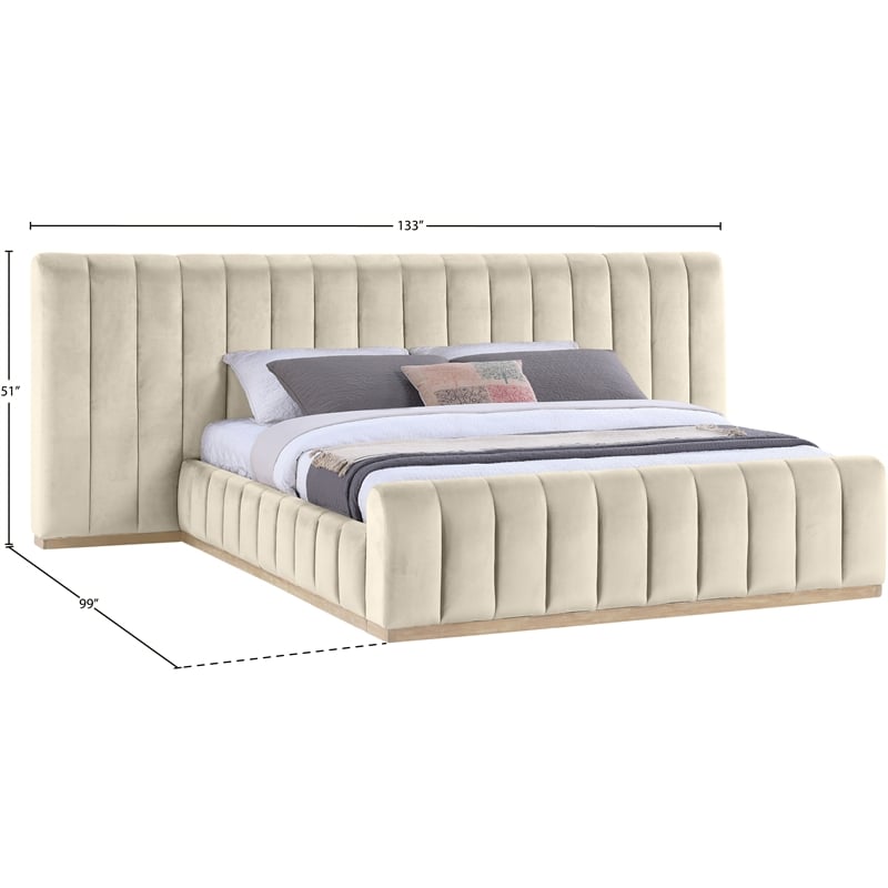 Meridian Furniture Amara Cream Velvet King Bed with Added Panels