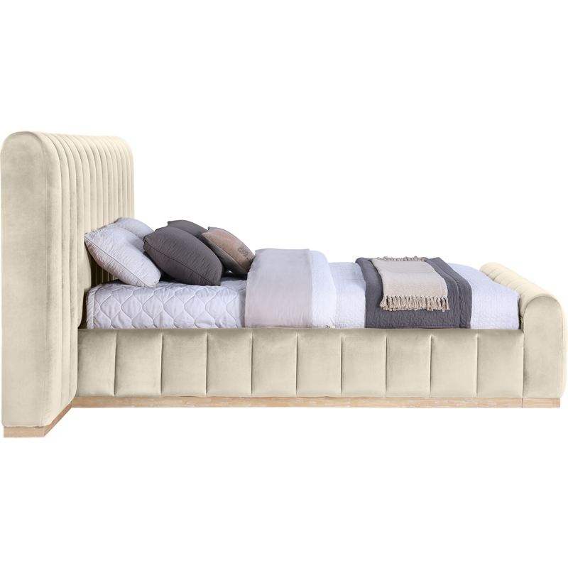 Meridian Furniture Amara Cream Velvet Queen Bed with Added Panels
