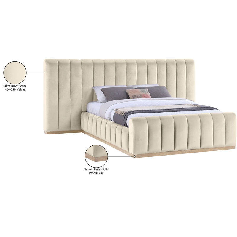 Meridian Furniture Amara Cream Velvet Queen Bed with Added Panels