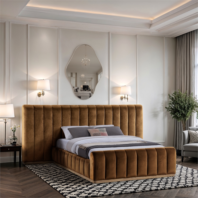 Meridian Furniture Amara Saddle Velvet Queen Bed with Added Panels